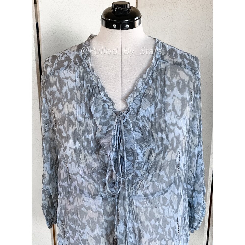 CHAN LUU Blue & Gray Sheer Viscose Blouse with Beaded Embellishments | Size M - Picture 3 of 14